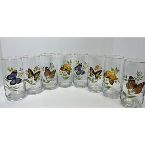 VTG Set Of 8 West Virginia Glass BUTTERFLIES 20 Ounce Tall Glasses W/Gold Rim 7"